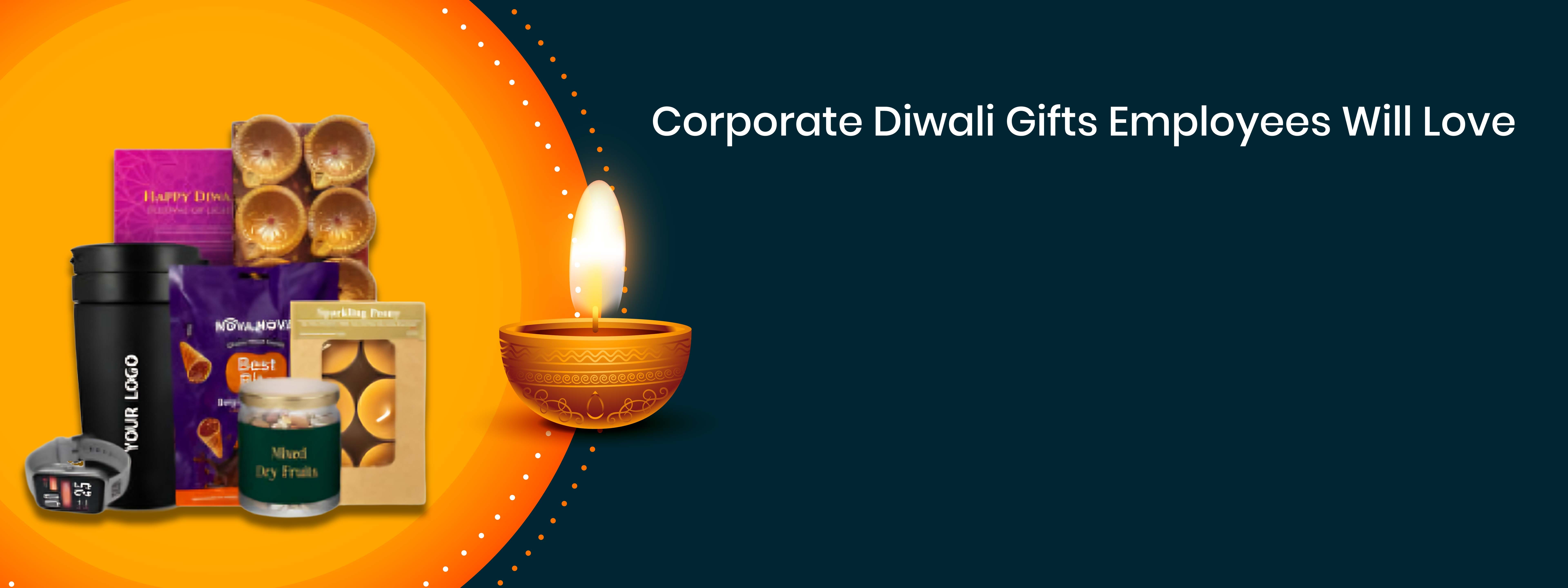 Corporate Diwali gift banner with diya and assorted festive products for employees