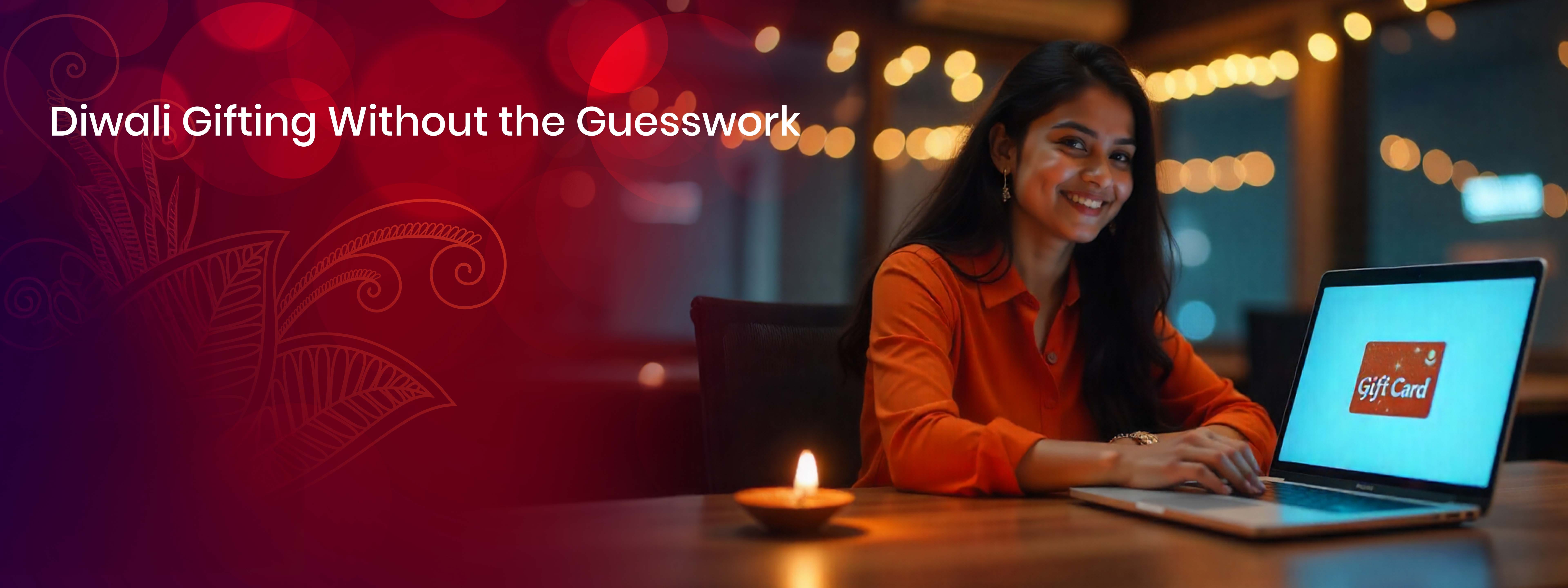 Smiling woman using laptop with Diwali gift card on screen, representing easy corporate gifting.