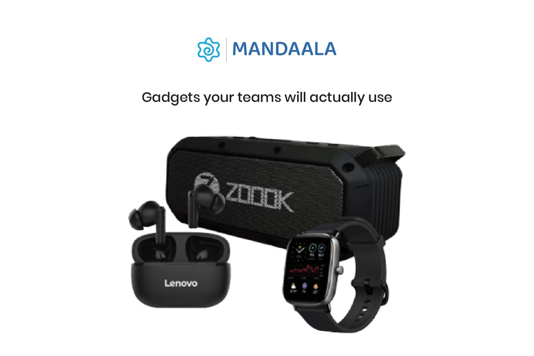 Corporate gadget gifts including wireless earbuds, smart watch, and Bluetooth speaker