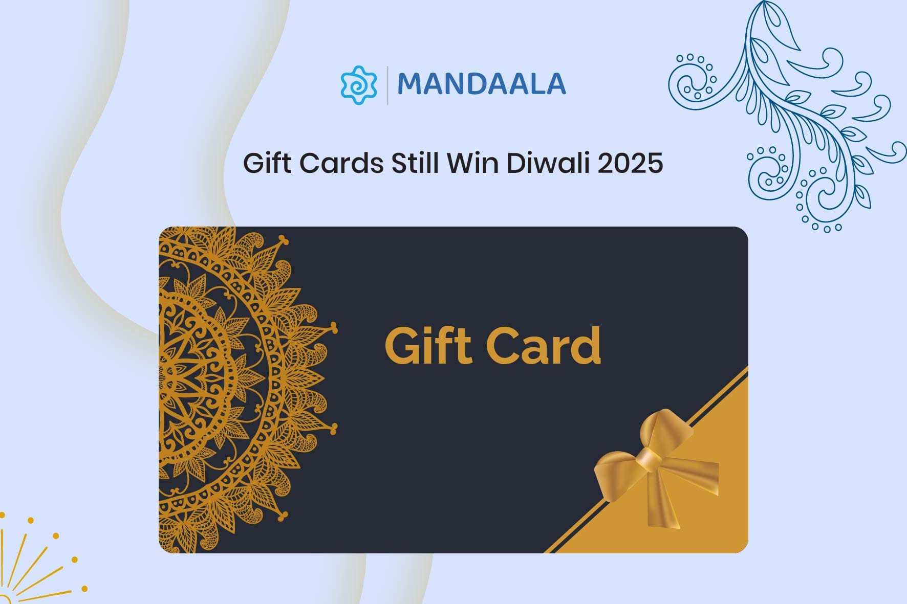 Diwali-themed gift card design with golden mandala and ribbon, highlighting gift card relevance in 2025.