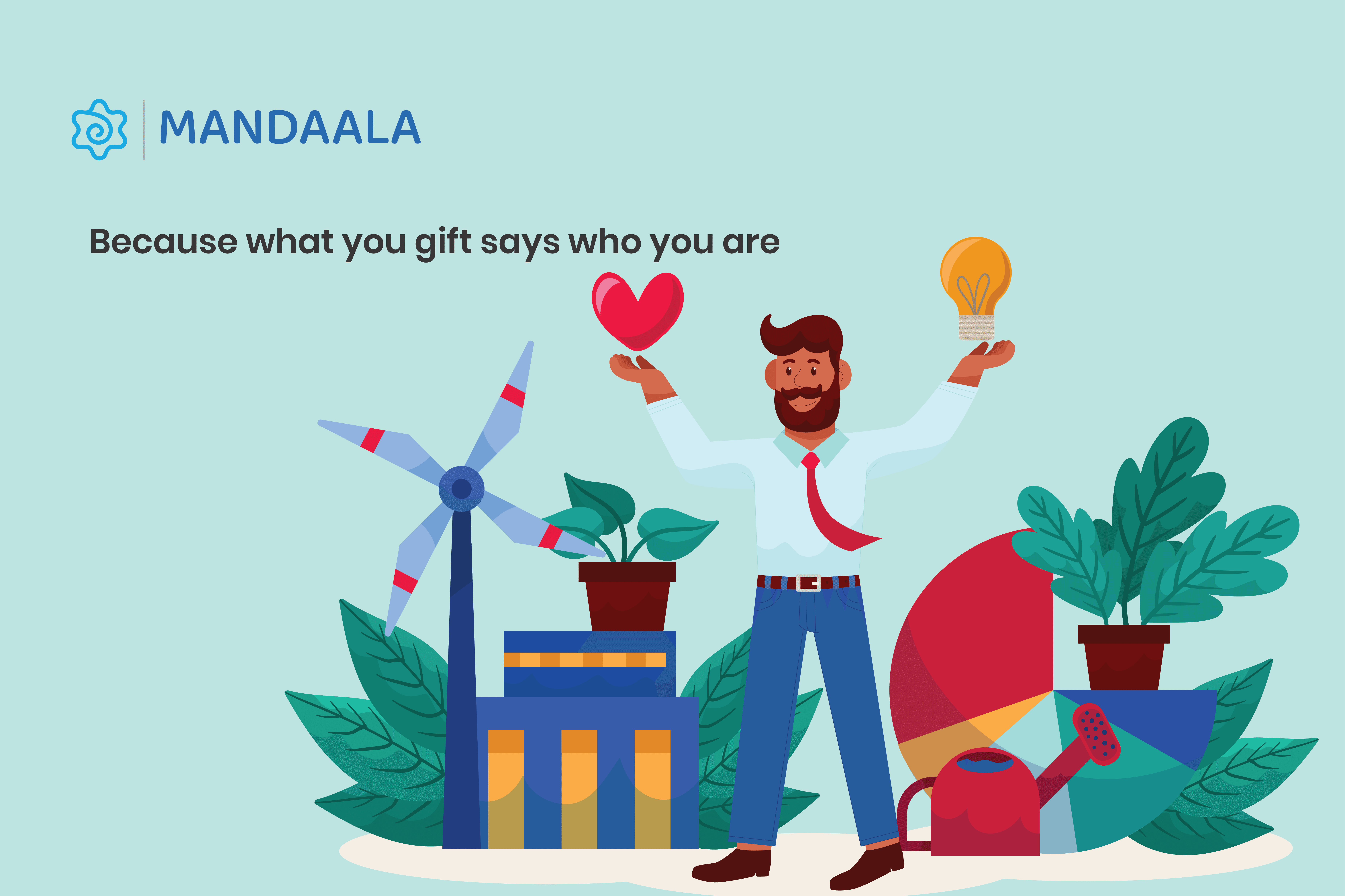 Man holding a heart and lightbulb, surrounded by nature elements, symbolising thoughtful gifting.