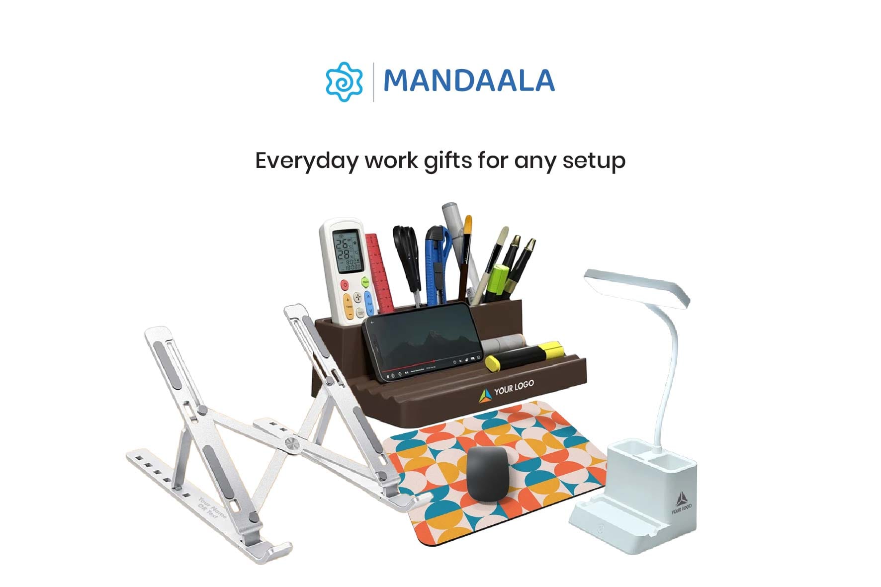 Everyday work gift set with laptop stand, desk organiser, mousepad, and LED lamp