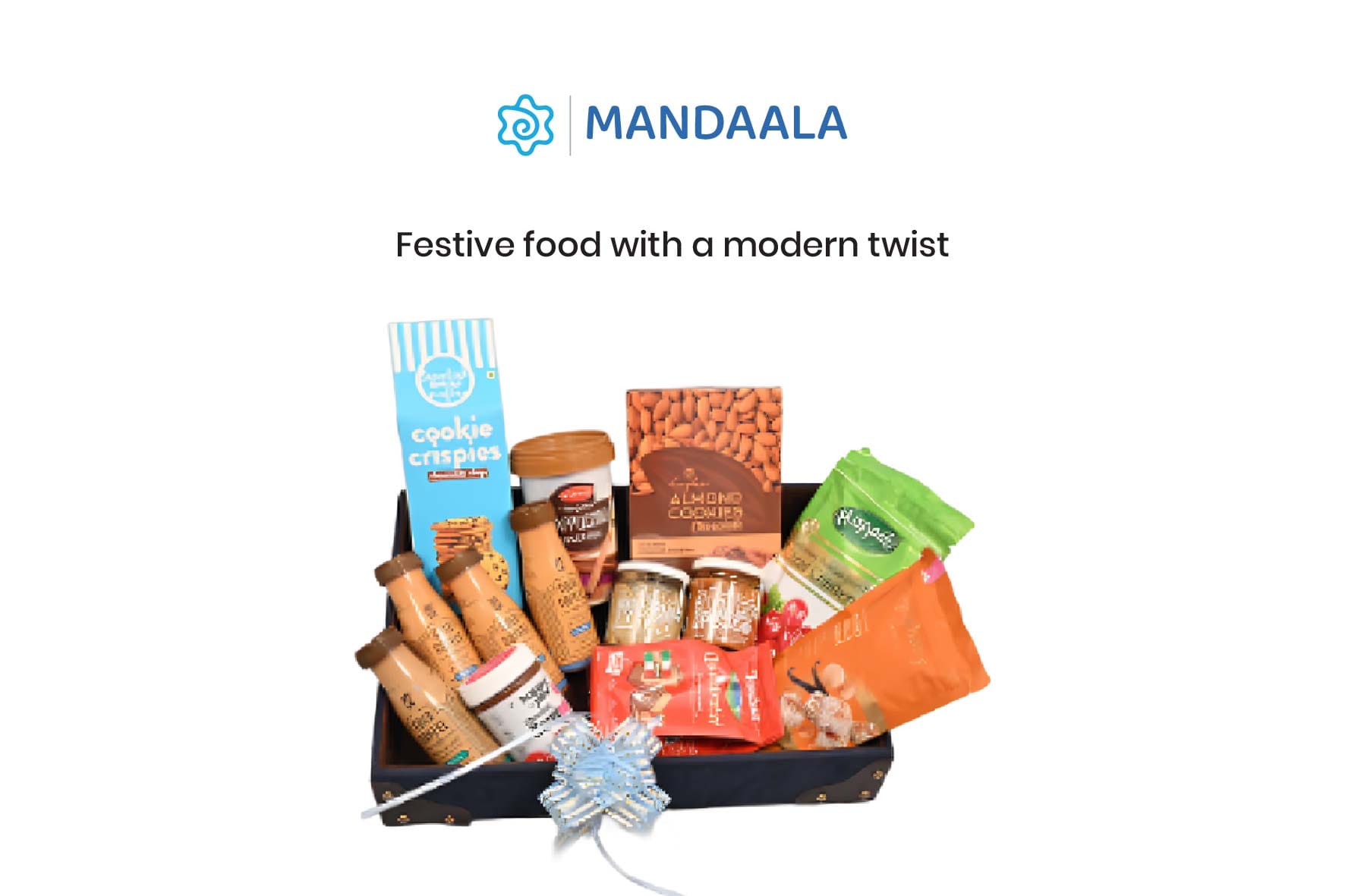 Festive food hamper with cookies, drinks, snacks, and spreads from Mandaala