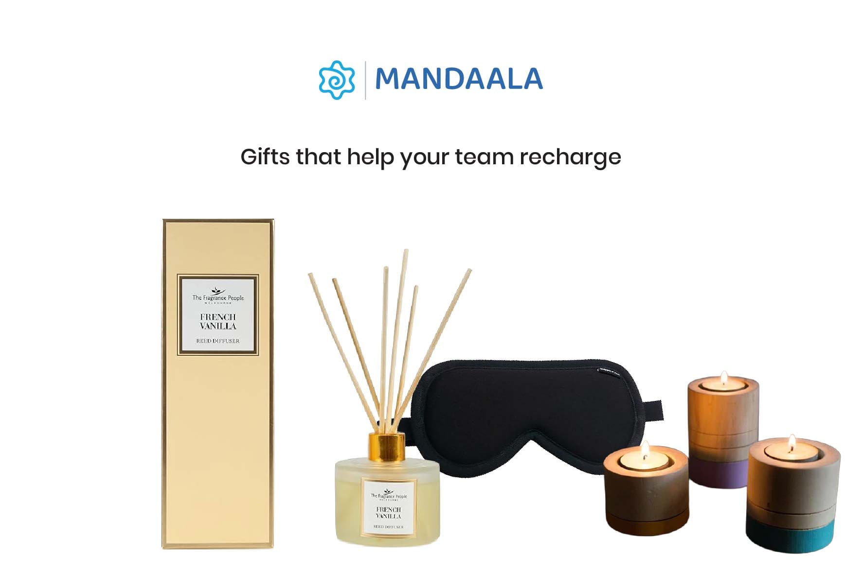 Wellness gift set with reed diffuser, eye mask, and candles from Mandaala