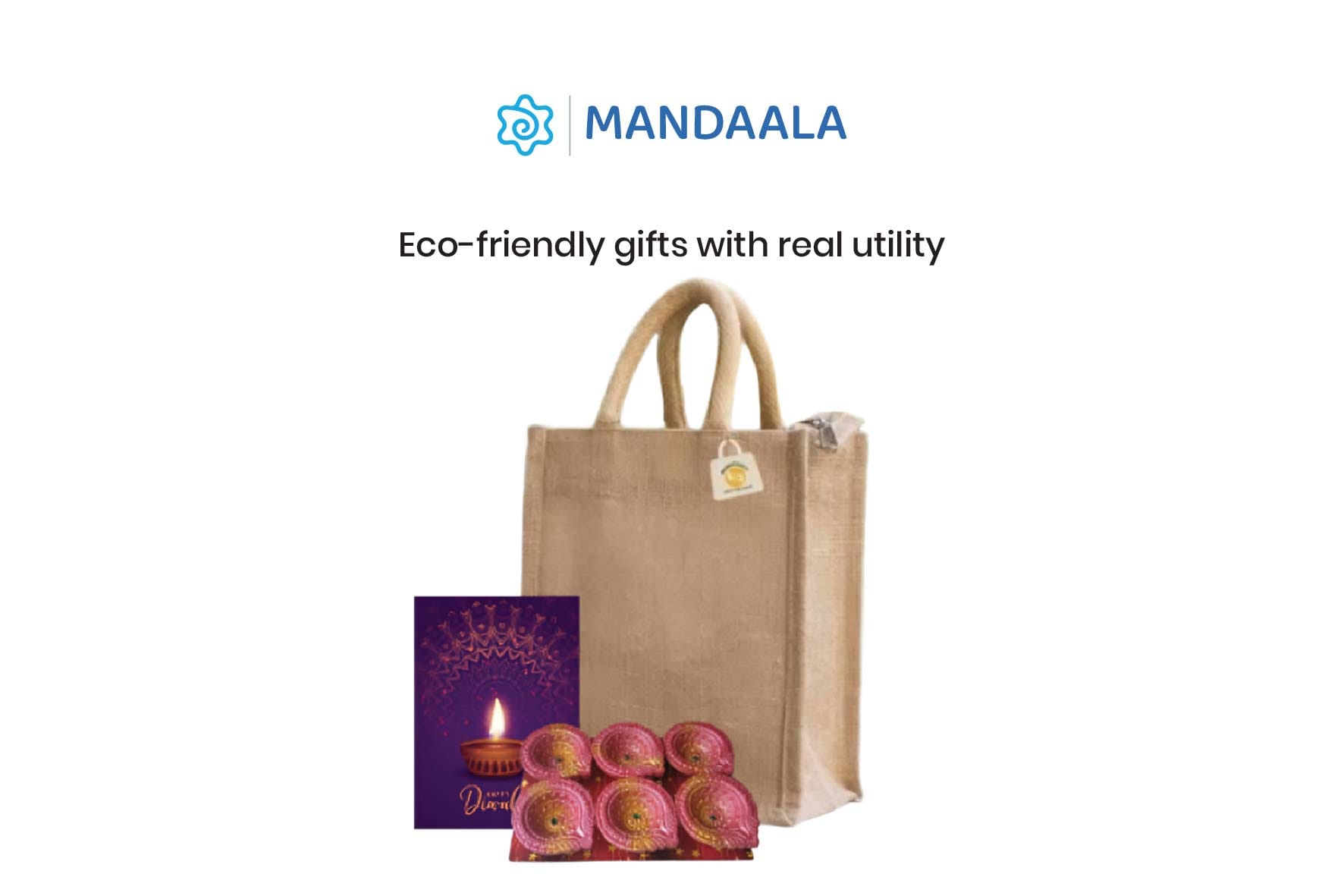 Eco-friendly Diwali gift set with jute bag, diyas, and greeting card