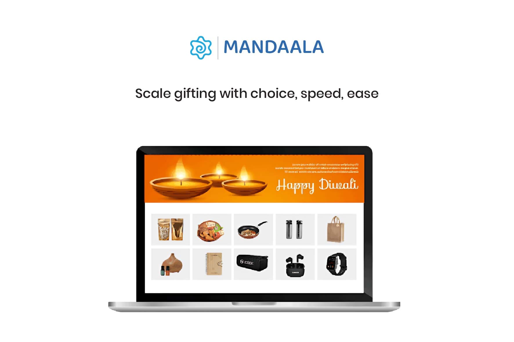 Mandaala Diwali gifting platform with product selection on laptop screen