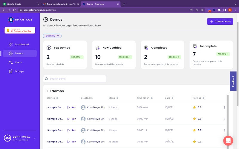  SmartCue's demo dashboard screen 