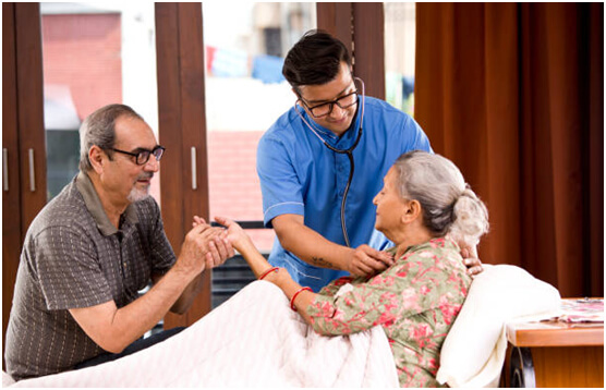 Son and doctor taking care of Mother