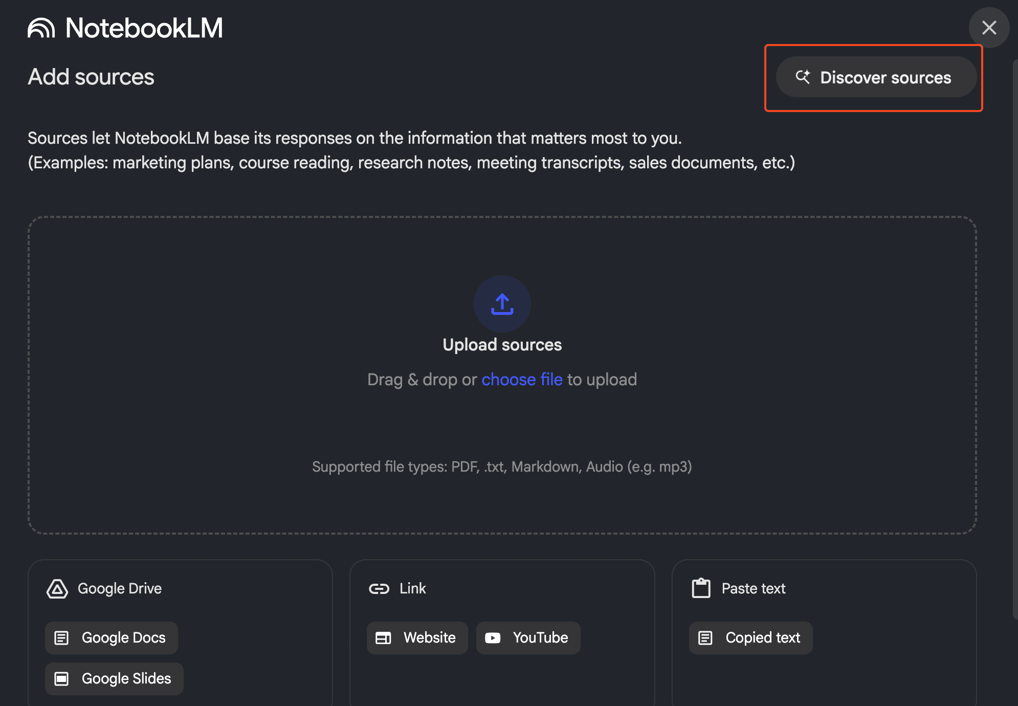 NotebookLM discover sources feature