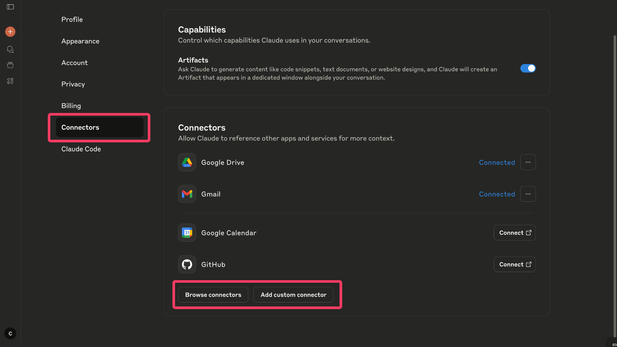 Accessing browse connectors and custom connectors