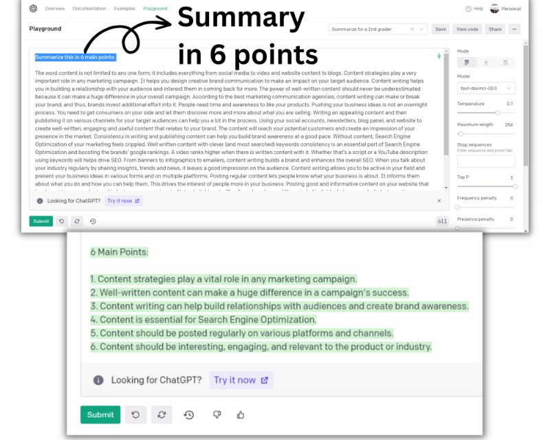 Long-form articles could be summarised into important points on OpenAI Playground.