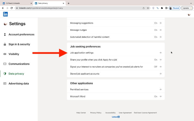job application settings linkedin