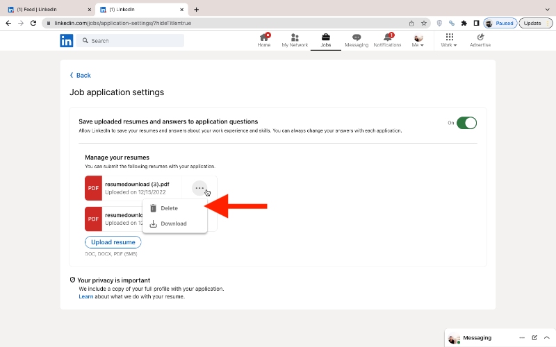 Delete and Download resume on Linkedin