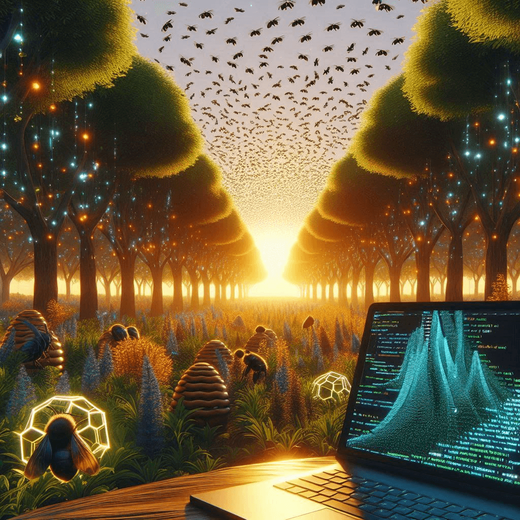 group of birds,bees in a forest with a laptop and table