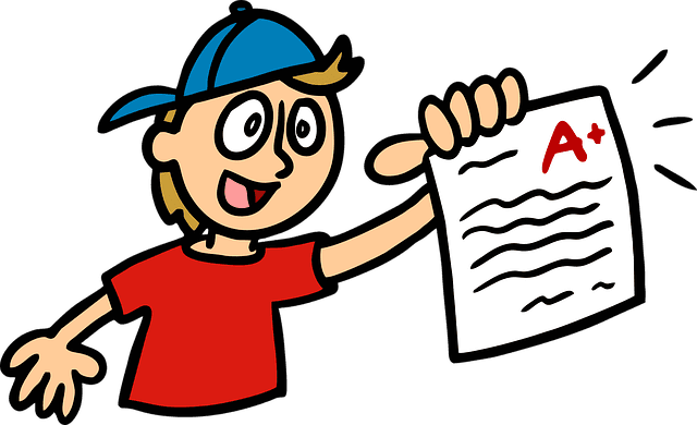 grade, school, paper, achievement, class, student, boy, cartoon, child, t-shirt, cap, happy, grades