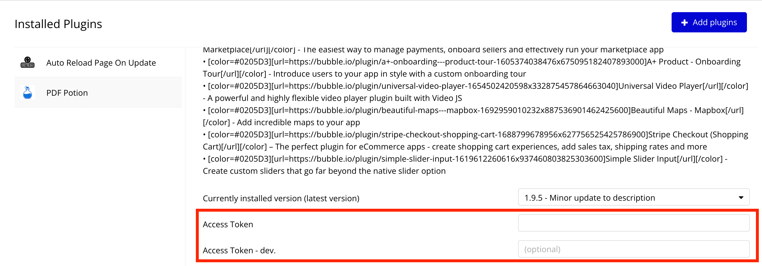 adding access token to PDF Potion plugin