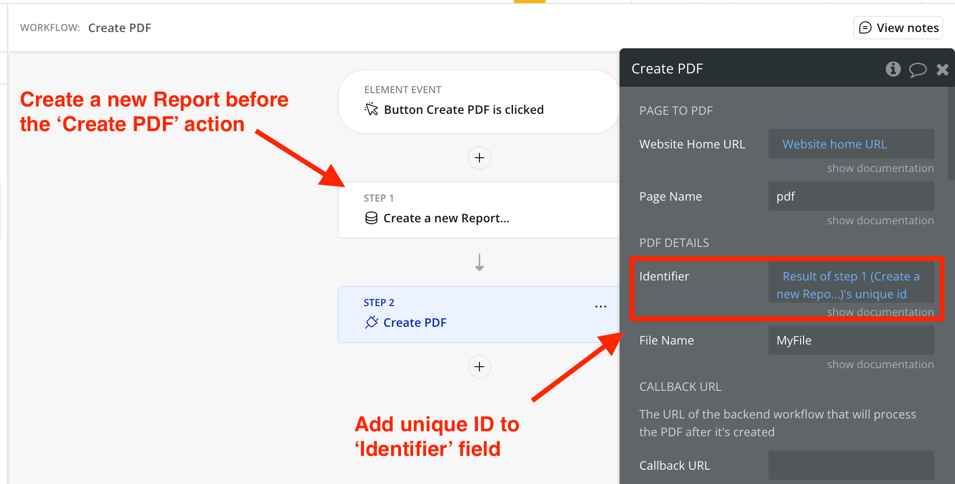 adding unique ID to identifier field in 'Create PDF' action