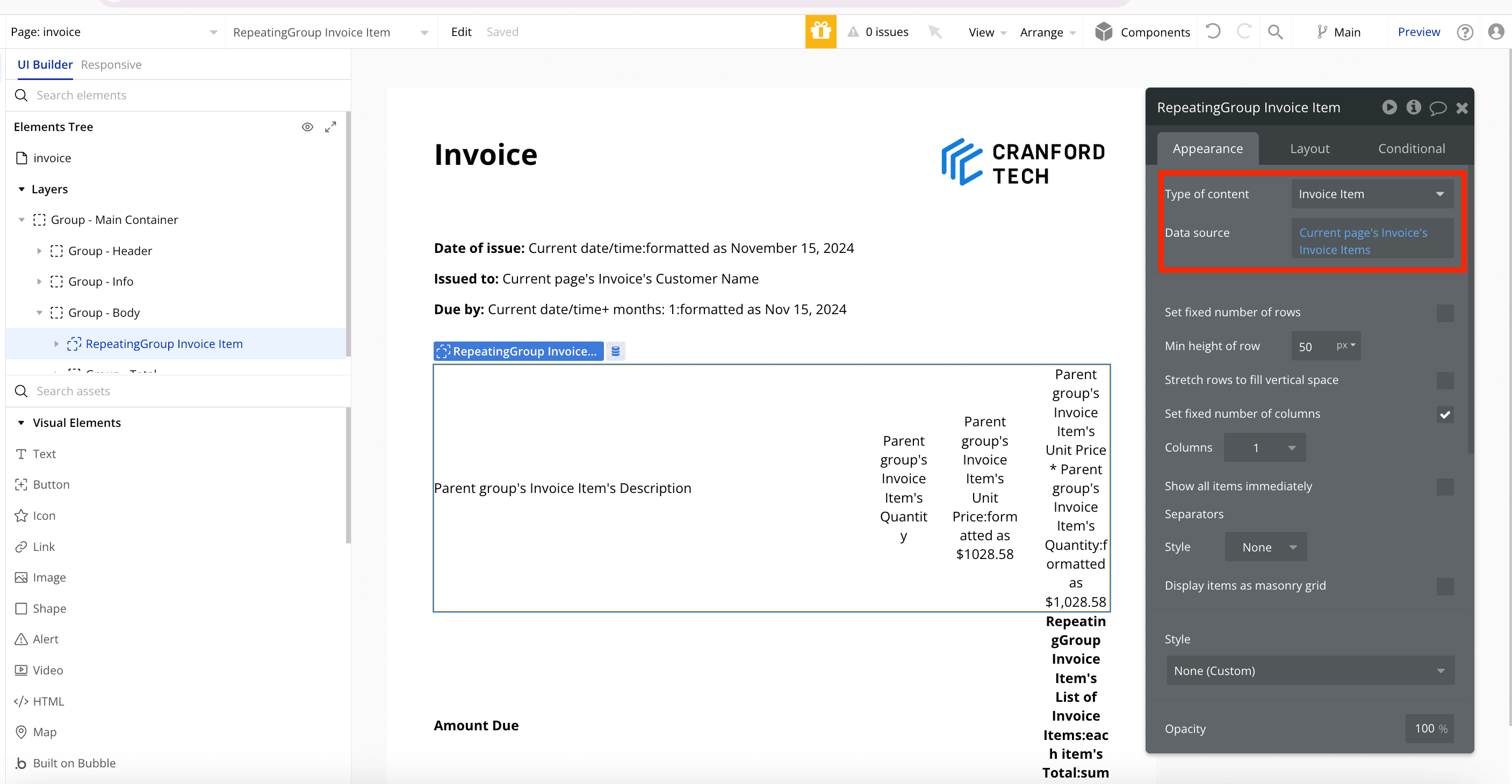 Demo invoice page - Bubble.io