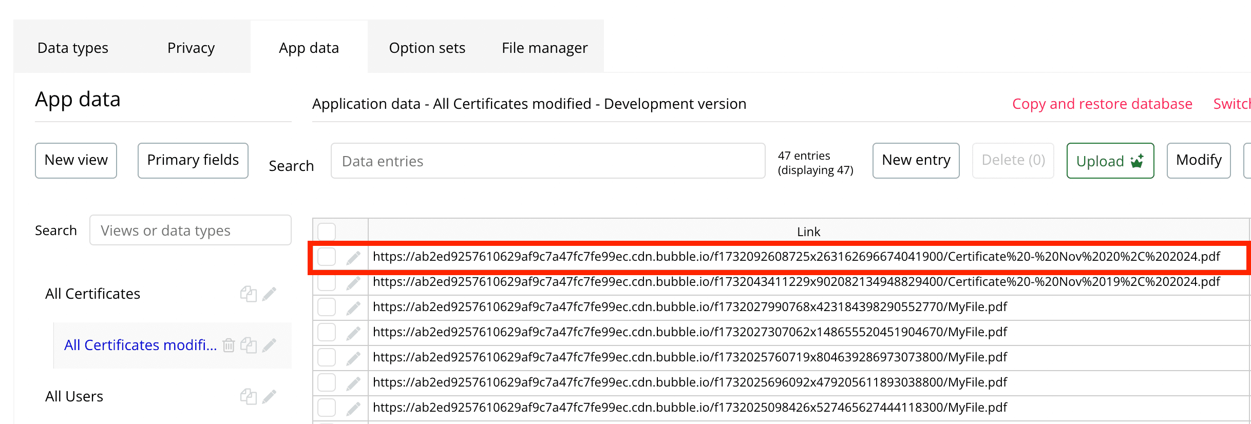 Certificate link in Bubble database - PDF Potion