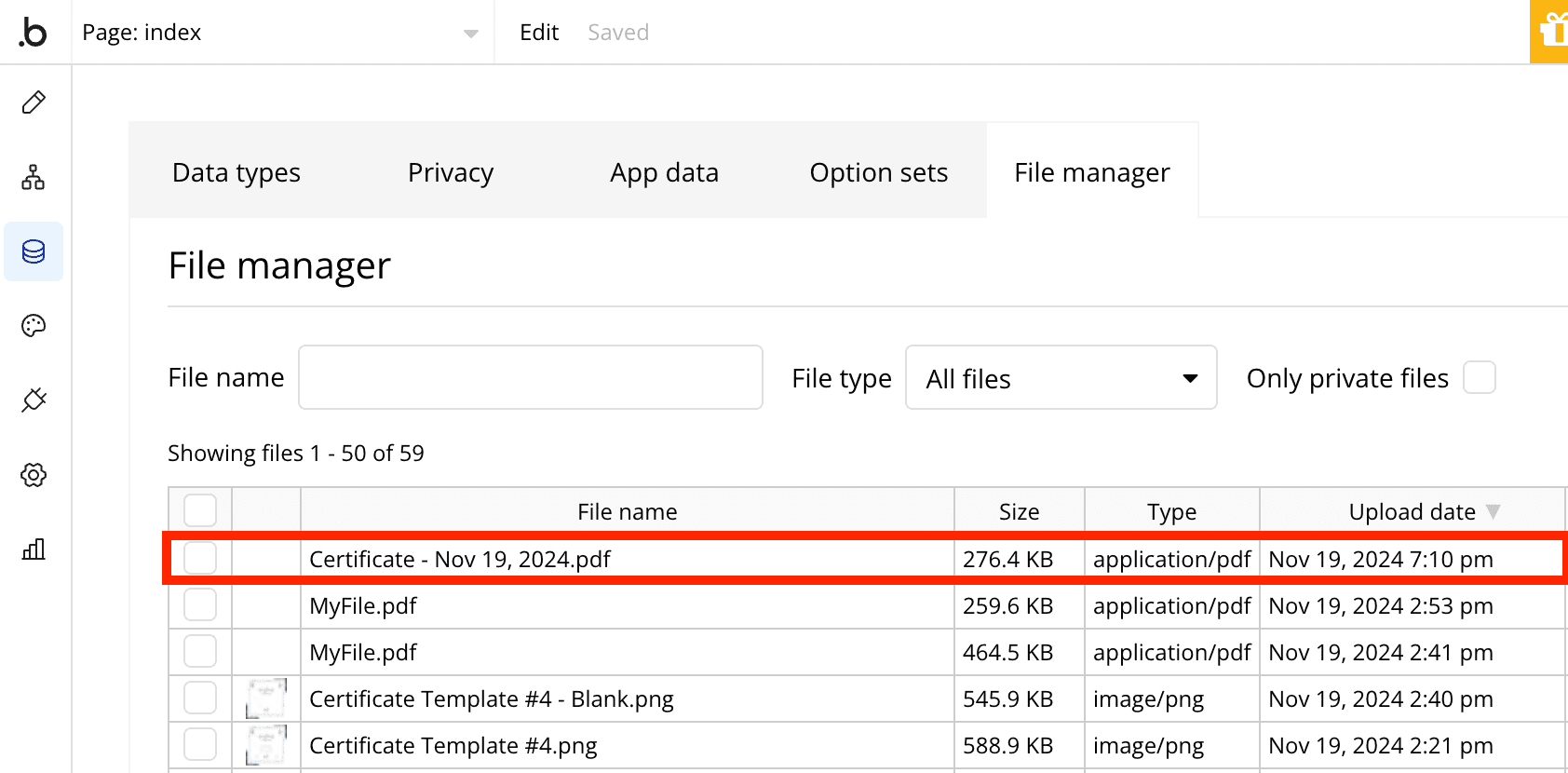 Certificate PDF in Bubble file manager - PDF Potion