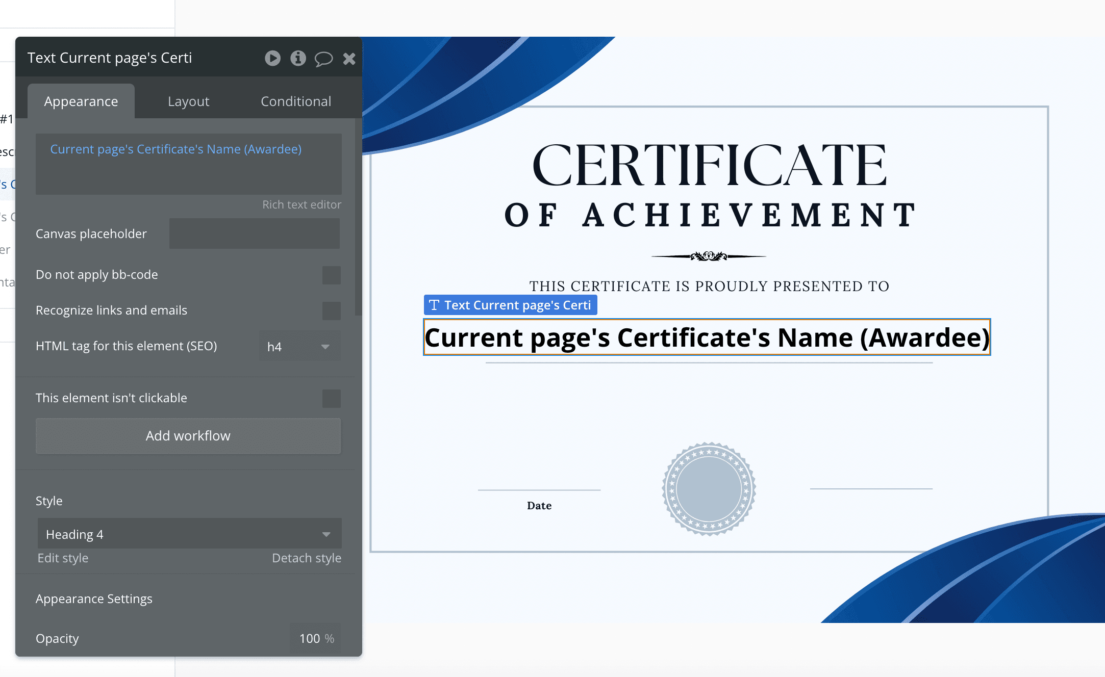 Certificate with dynamic data - PDF Potion