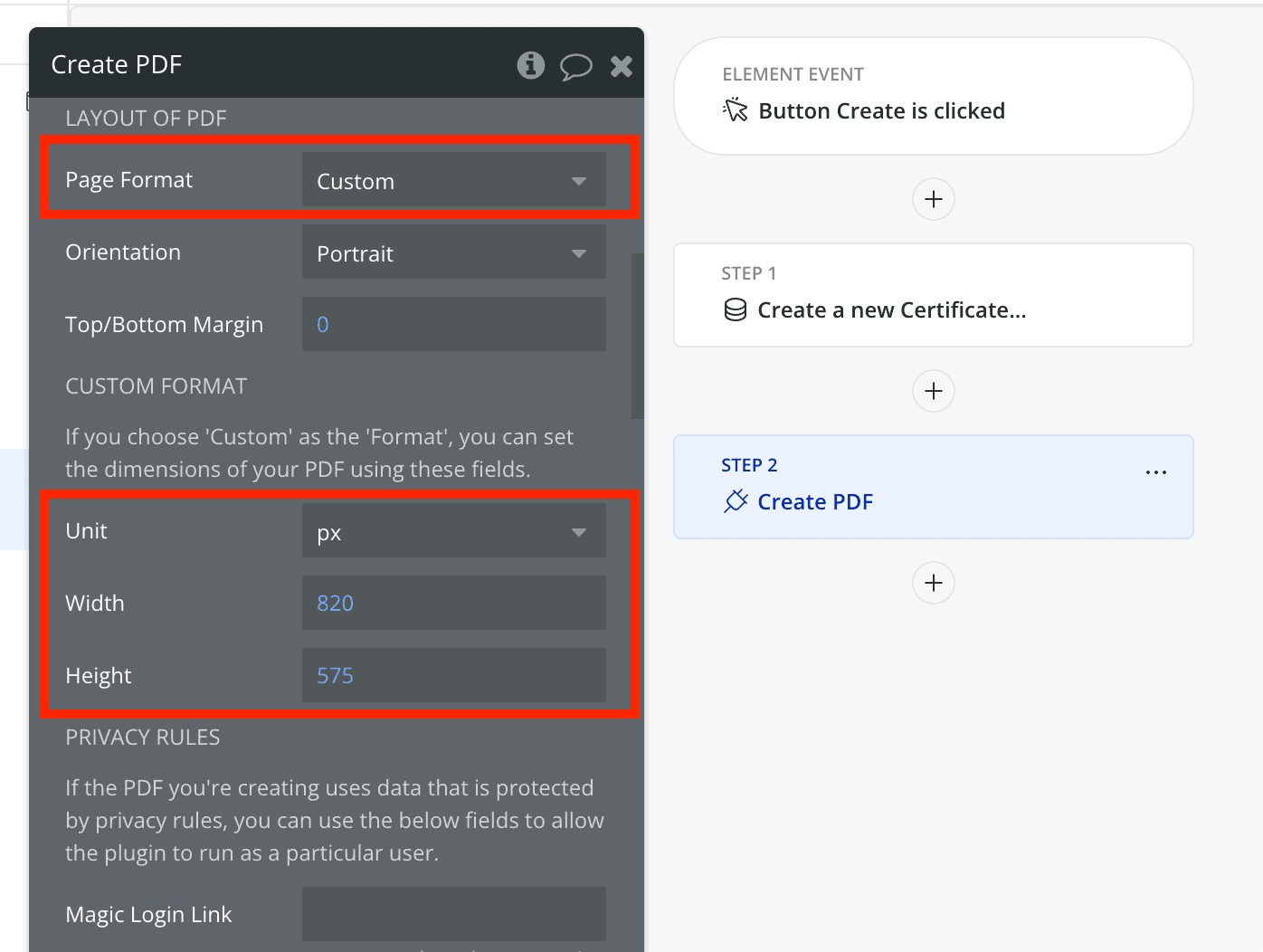 Custom dimensions on certificate - PDF Potion