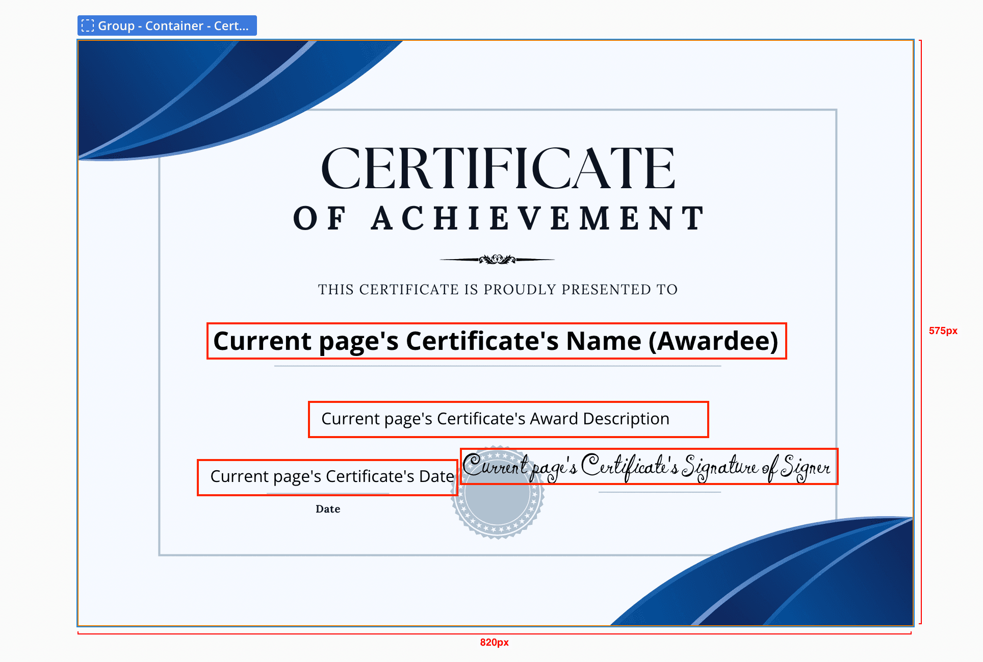 Dynamic text elements on certificate page - PDF Potion