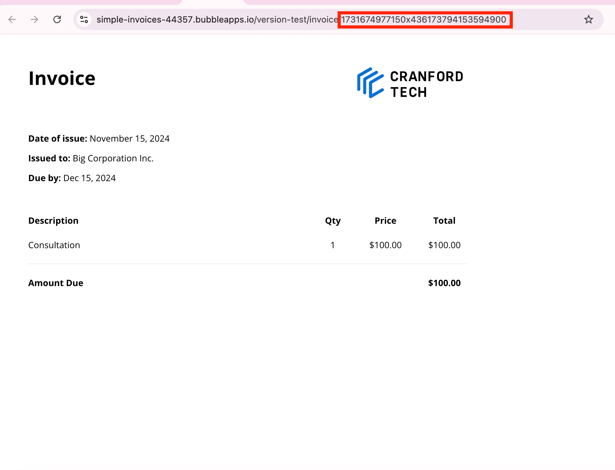 Invoice page in Bubble app