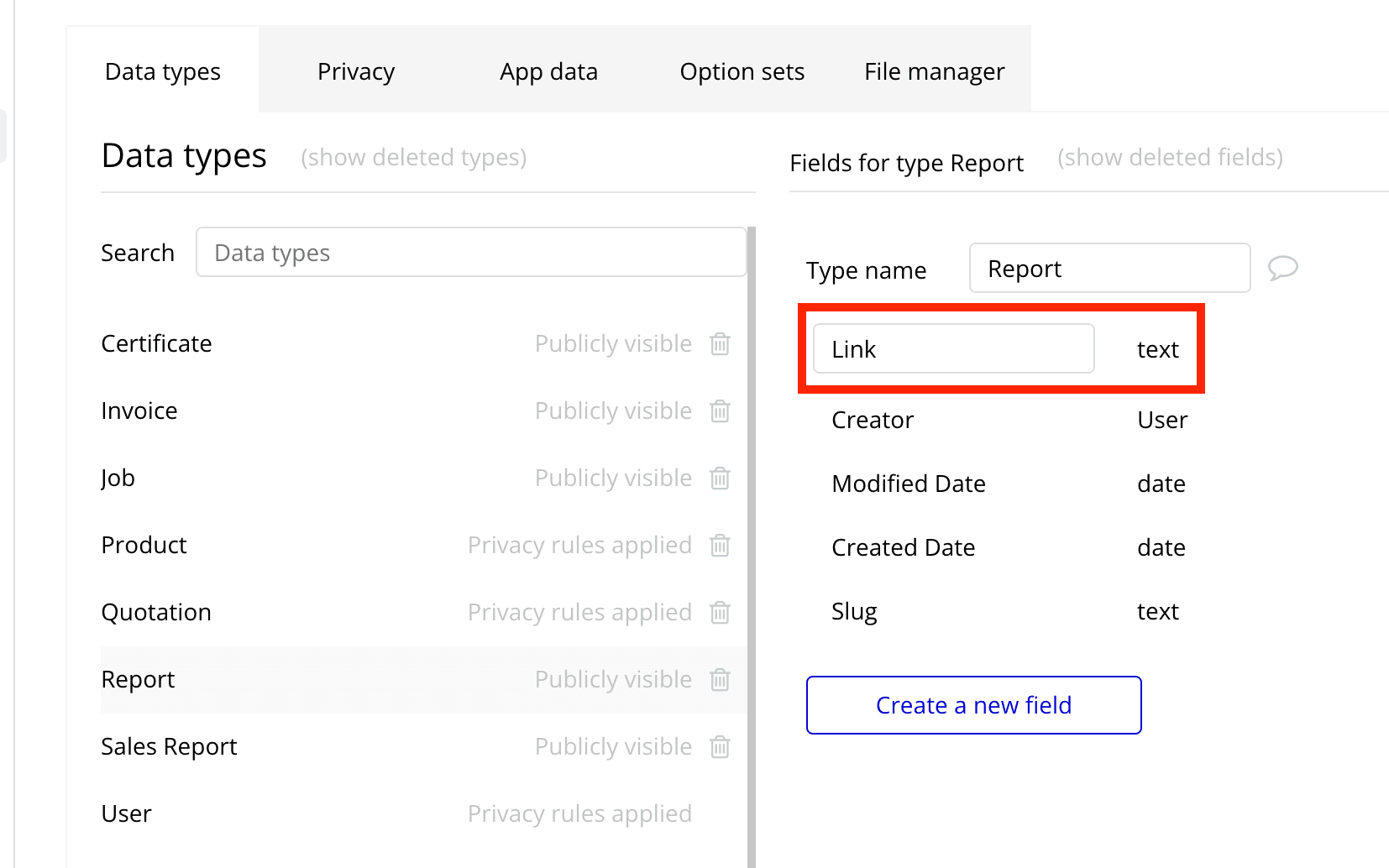 report data type in bubble.io app