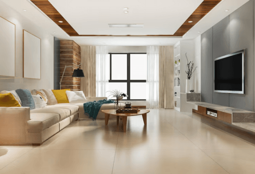 Modern living room with a cream sofa and TV