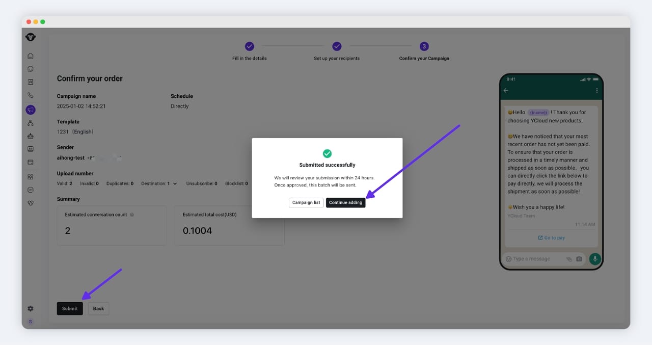 how to do whatsapp blast on ycloud?